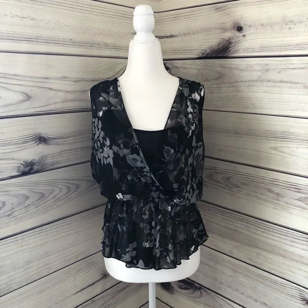 Express Floral Black Peplum Wrap Tank Blouse XS